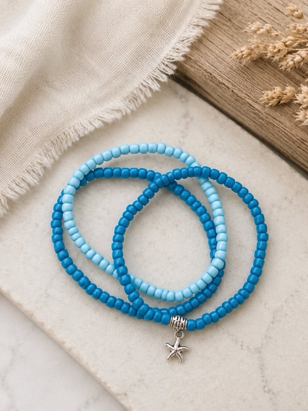 Sun Sand & Soul Bracelet Set | Blue Seed Bead Starfish Bracelet | Beach & Joy